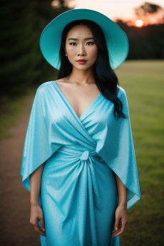 a beautiful woman in a blue dress and hat poses for the camera