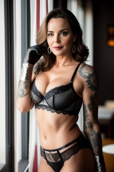 woman with tattoos posing on the edge of a window