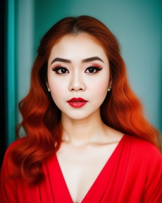 portrait asian beauty woman with red hair, black eye makeup and deep green eyes