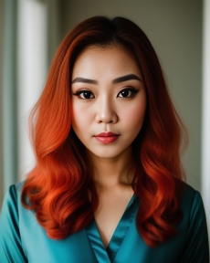 an asian woman wearing green dress with red hair
