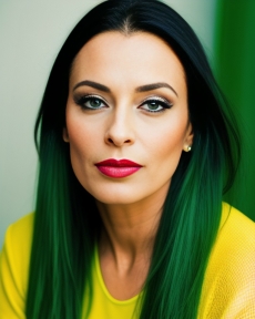 a woman with bright green hair and red lips